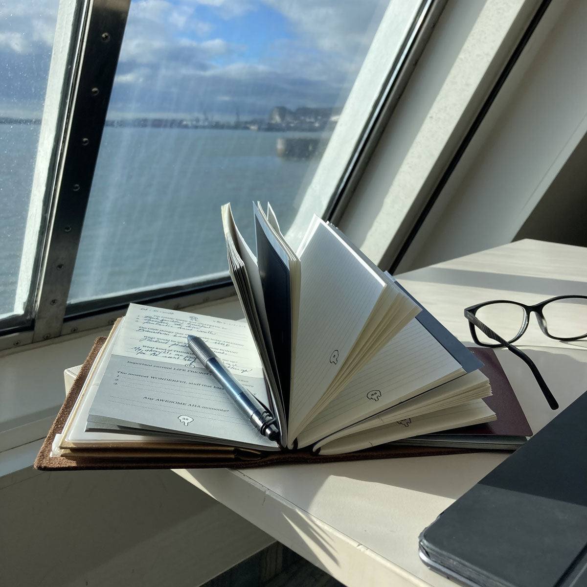 use case image with Hunterman's journals while on a ferry crossing the Channel