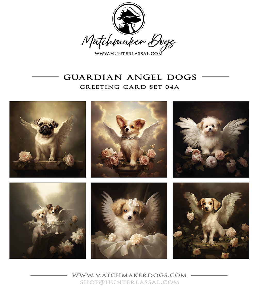 This product includes six different "Guardian Angel Dogs" greeting card from the Matchmaker Dogs design set. It includes 16x16cm envelopes for each card..