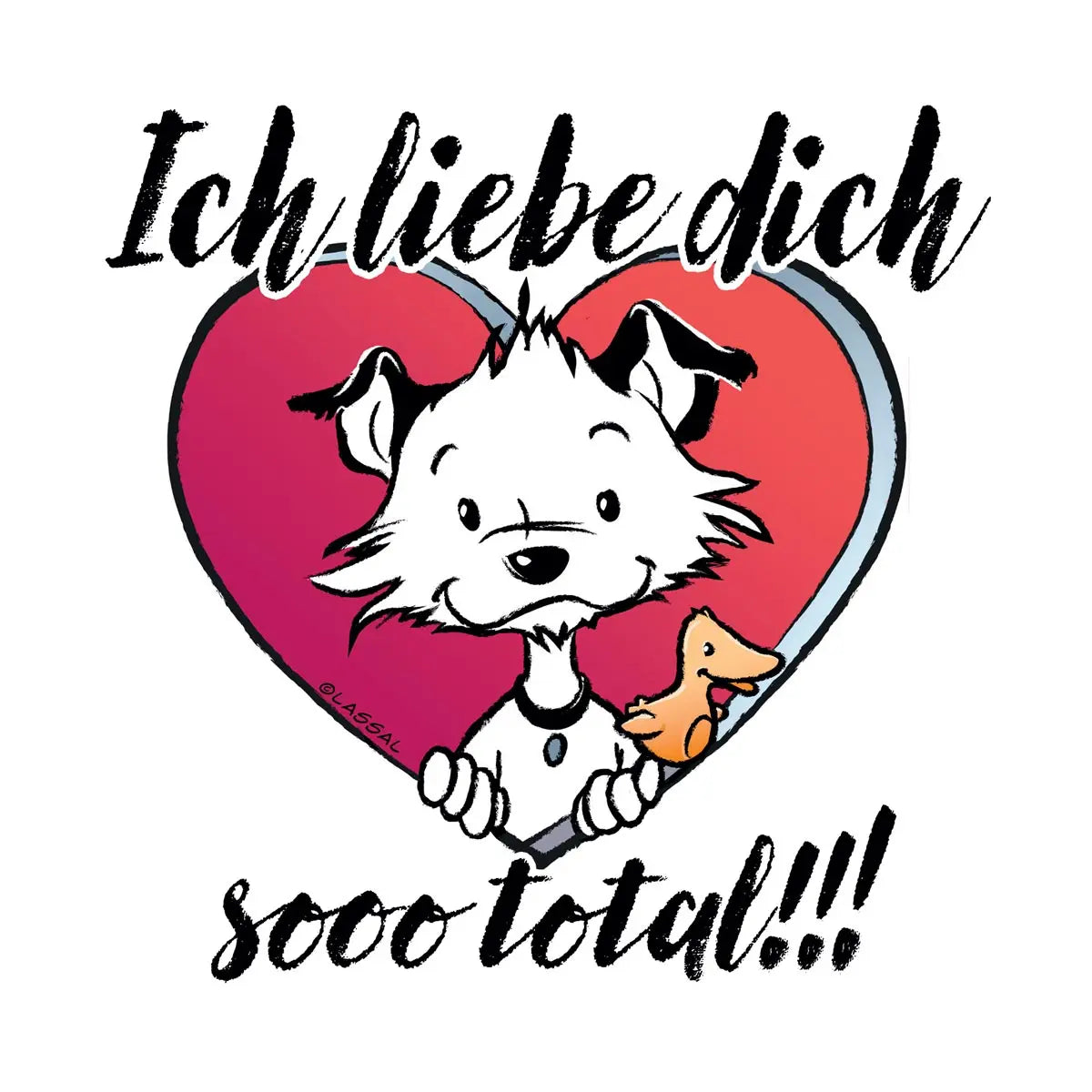 Front of square Little Hunterman card showing him and Flynn looking out of a big red heart with large text saying in German: Ich liebe dich sooo total!!!