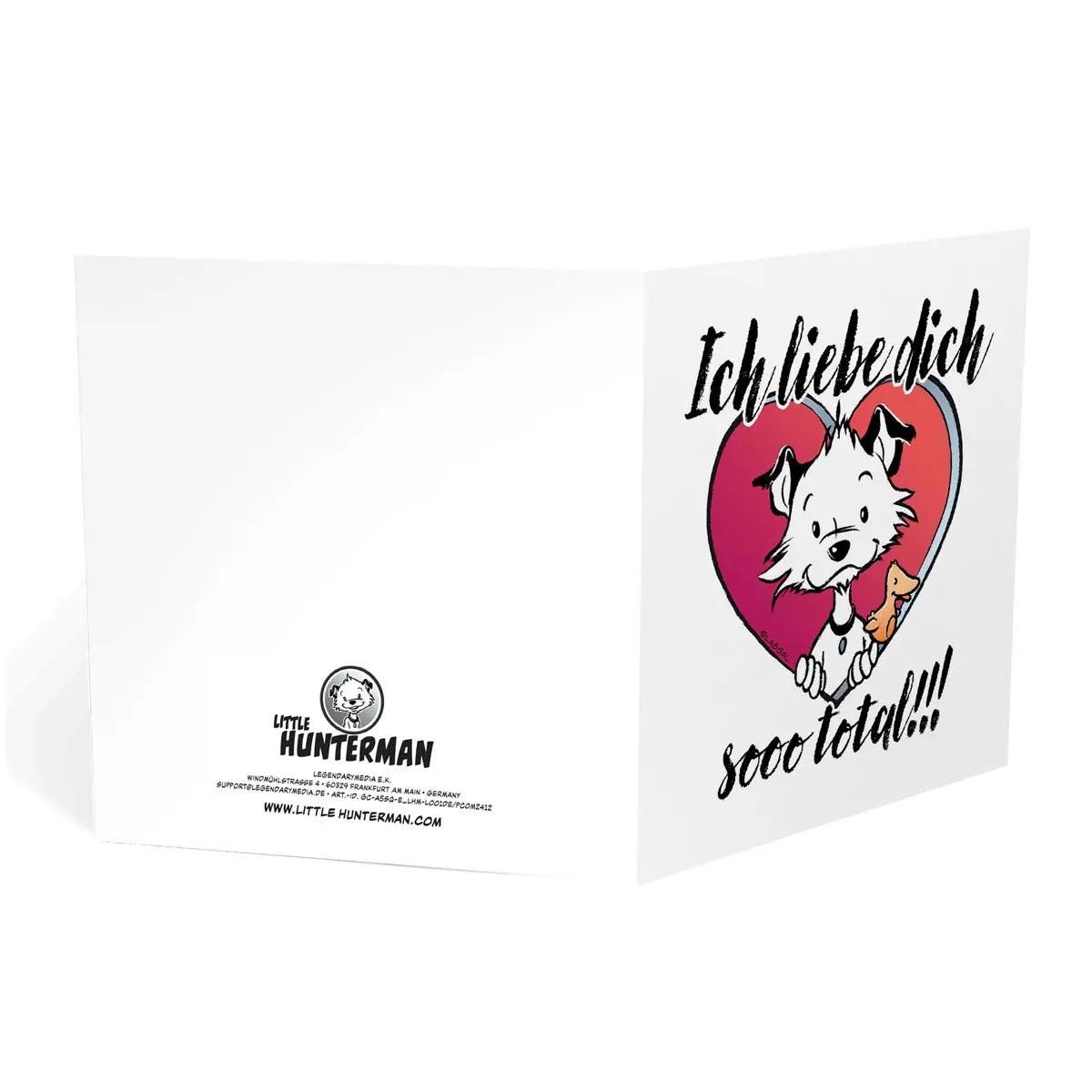 Front of square Little Hunterman card showing him and Flynn looking out of a big red heart with large text saying in German: Ich liebe dich sooo total!!! With the card standing open on a white surface showing the front and back page.