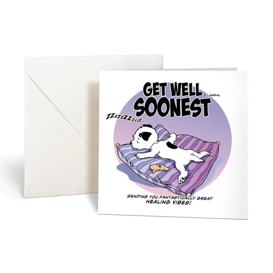 Little Hunterman's "Get Well Soonest" Greeting Card. Square card, folded, standing, with envelope.