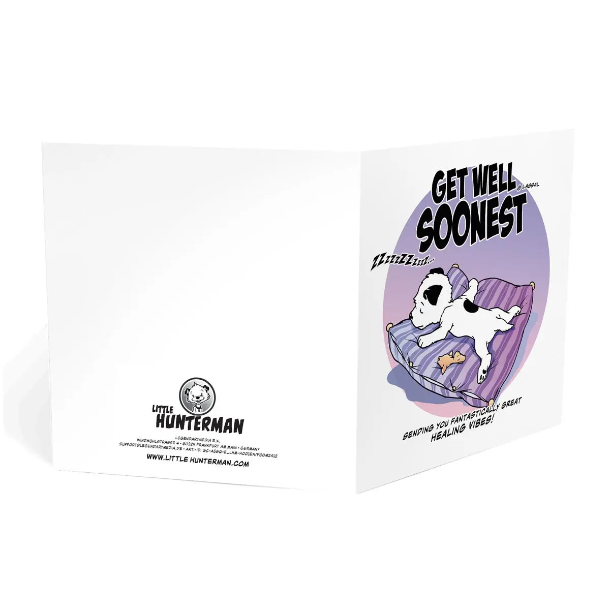 Little Hunterman's "Get Well Soonest" Greeting Card. Square card, folded, standing, open.
