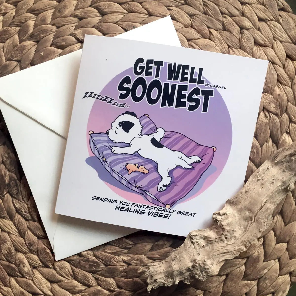 Little Hunterman's "Get Well Soonest" Greeting Card. Square card, folded, standing, with envelope. On table.