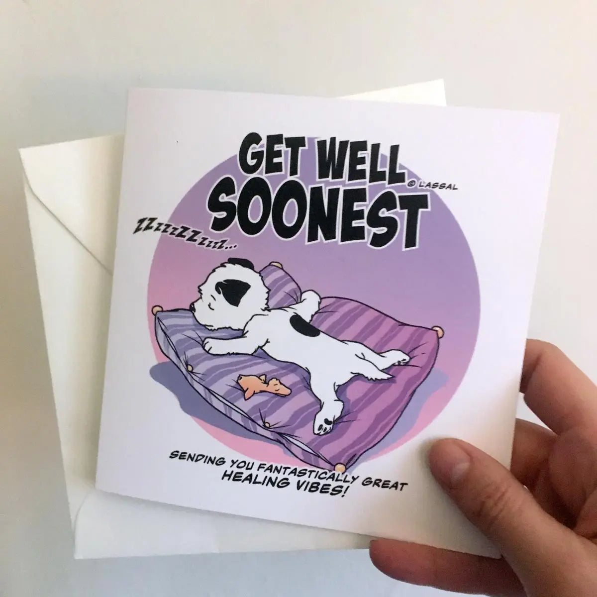 Little Hunterman's "Get Well Soonest" Greeting Card. Square card, folded, standing, with envelope. In hand.