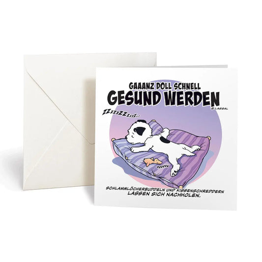 Little Hunterman's German Klein Huntermann "ganz doll schnell gesund werden" Greeting Card by Hunter Lassal. Square card, folded, closed with an envelope.