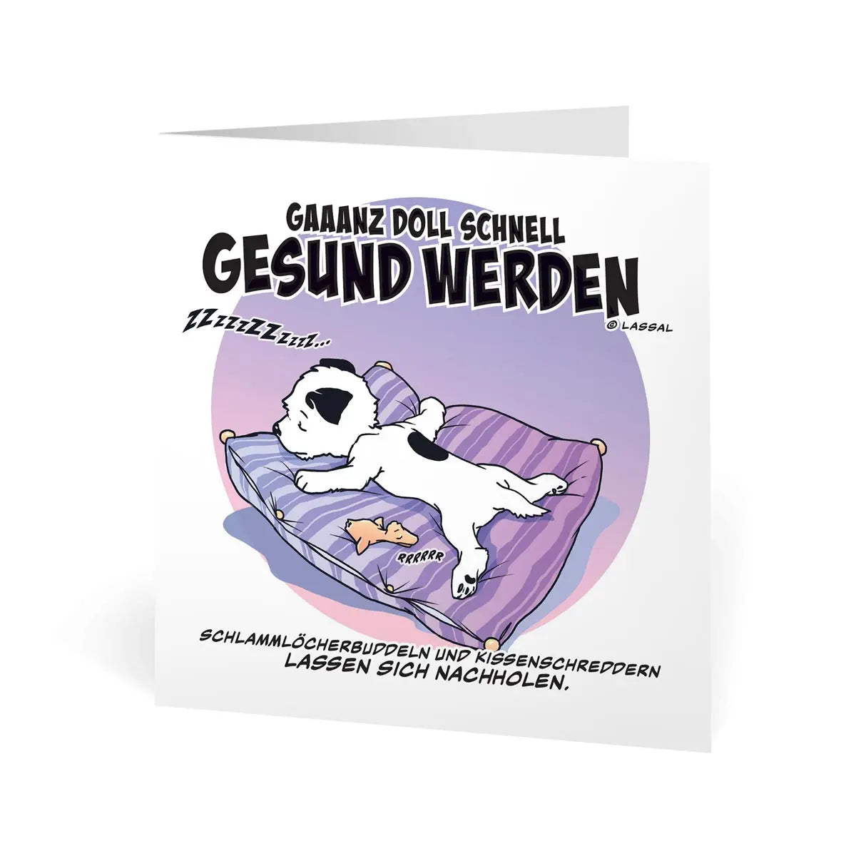 Little Hunterman's German Klein Huntermann "ganz doll schnell gesund werden" Greeting Card by Hunter Lassal. Square card, folded,half opened on white background.