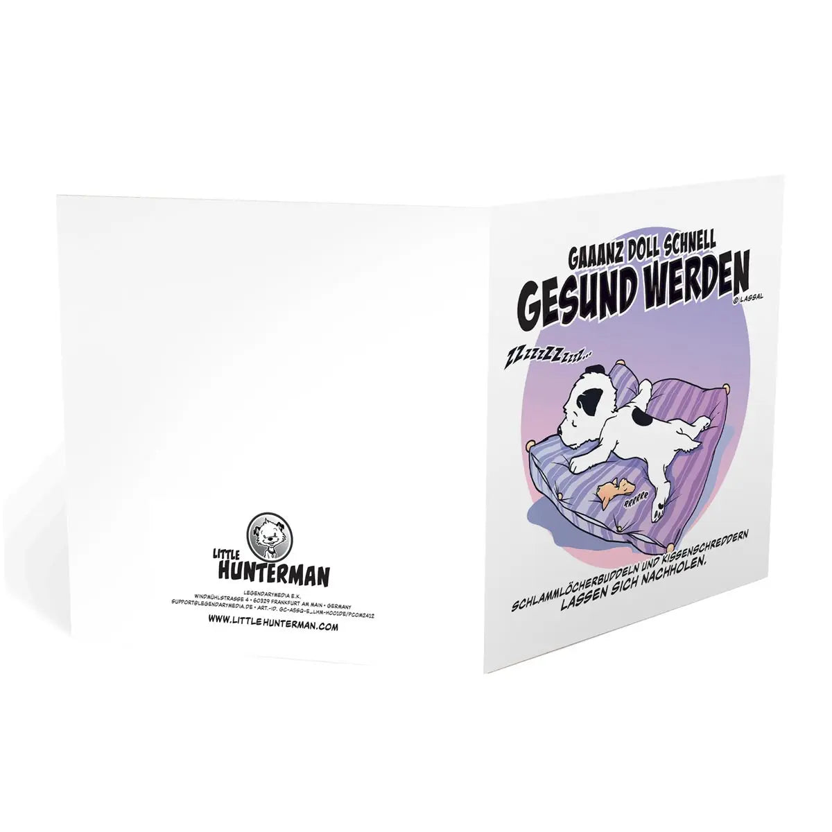 Little Hunterman's German Klein Huntermann "ganz doll schnell gesund werden" Greeting Card by Hunter Lassal. Square card, opened on a white background.