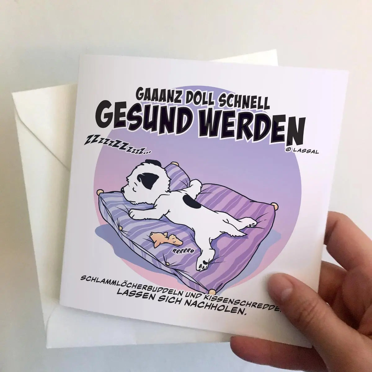 Little Hunterman's German Klein Huntermann "ganz doll schnell gesund werden" Greeting Card by Hunter Lassal. Square card, folded, closed with an envelope.