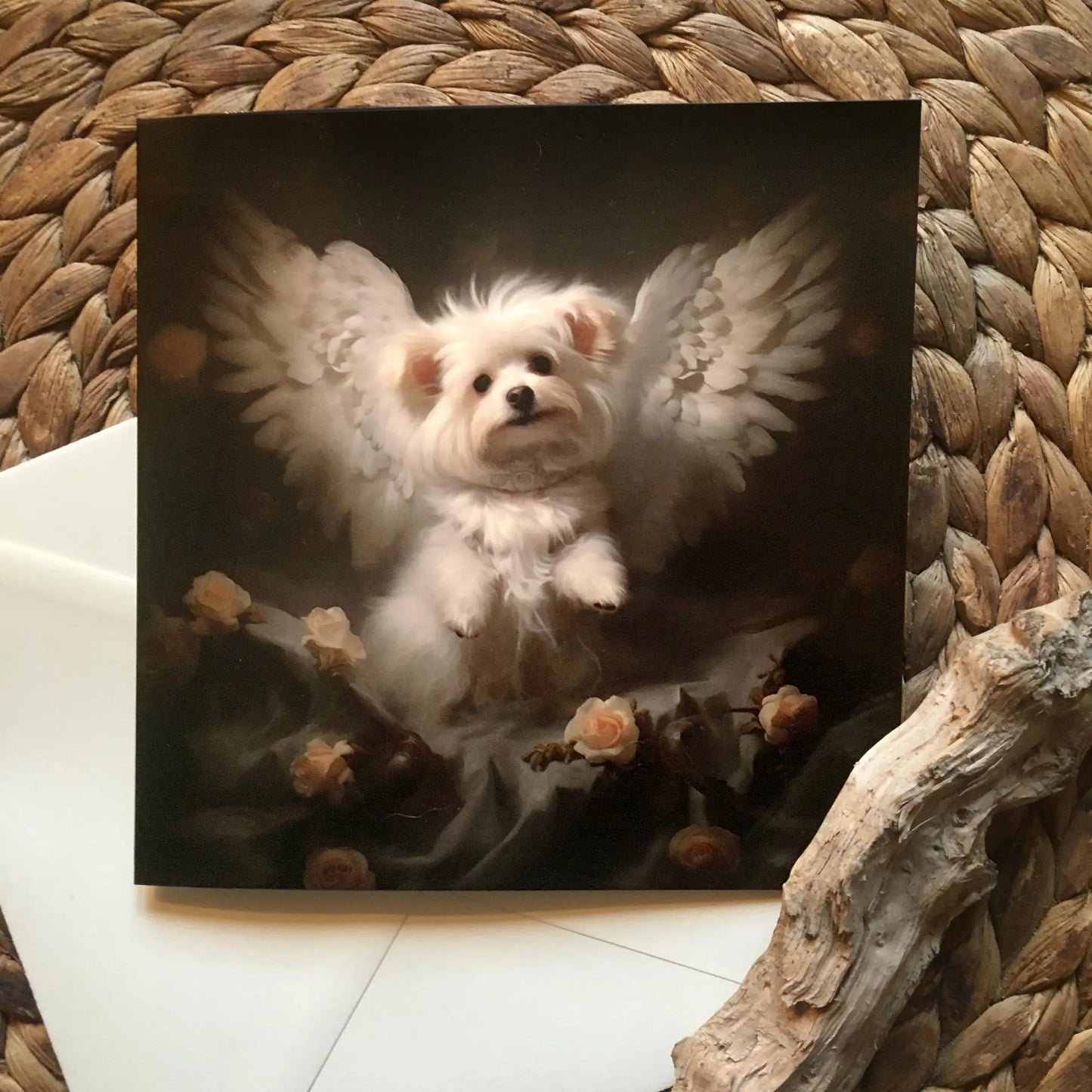 One of Flynn's 'Guardian Angel Dog' greeting card designs. Each card comes with an envelope. Detail.