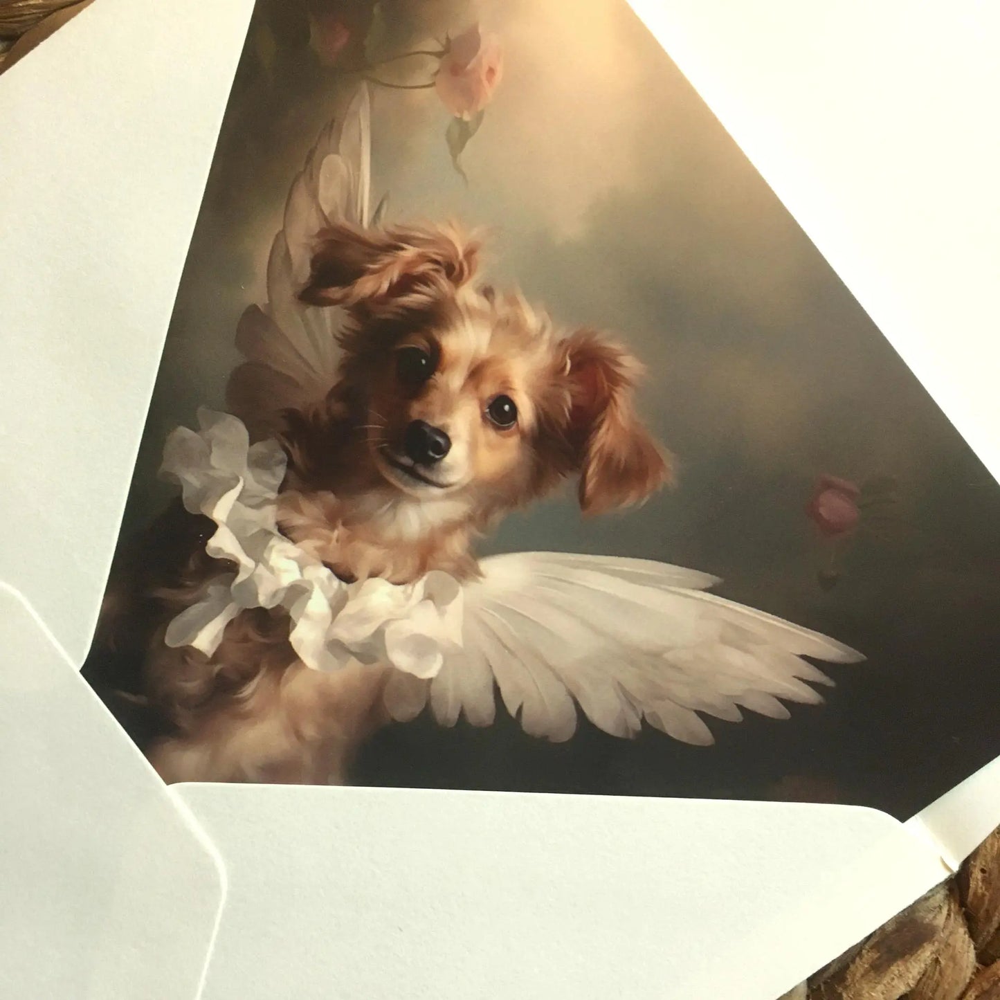 One of Flynn's 'Guardian Angel Dog' greeting card designs. Each card comes with an envelope. Detail.
