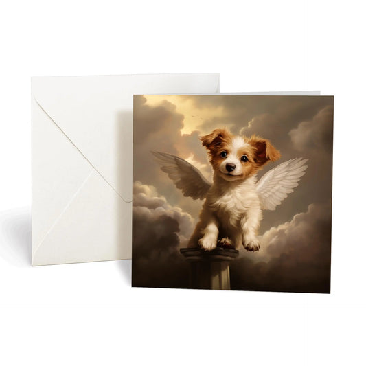 One of Flynn's 'Guardian Angel Dog' greeting card designs. Each card comes with an envelope. Detail.