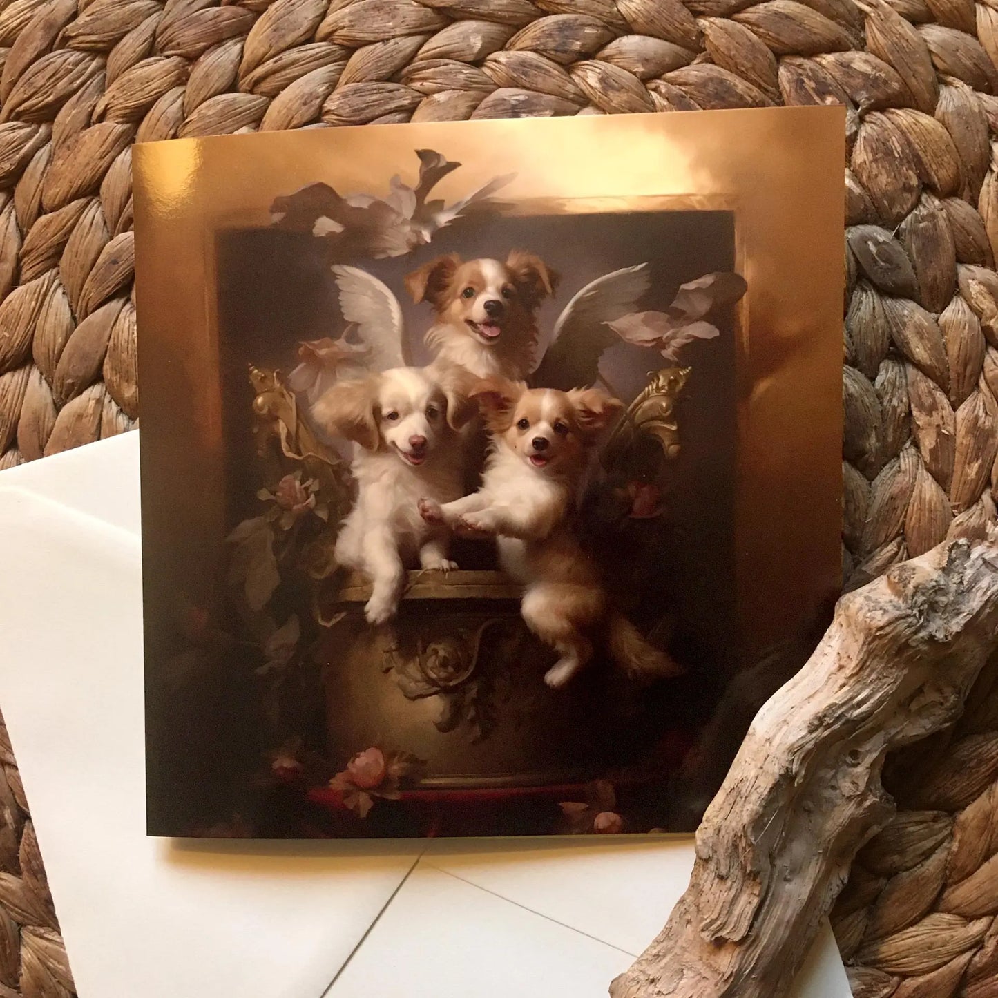 One of Flynn's 'Guardian Angel Dog' greeting card designs. Each card comes with an envelope. Detail.