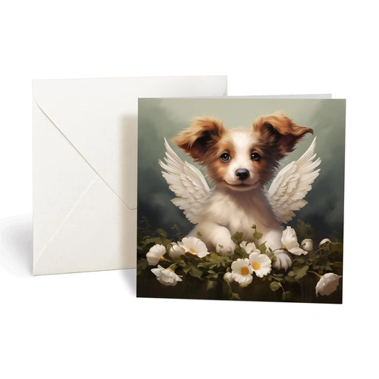 One of Flynn's 'Guardian Angel Dog' greeting card designs. Each card comes with an envelope. Detail.