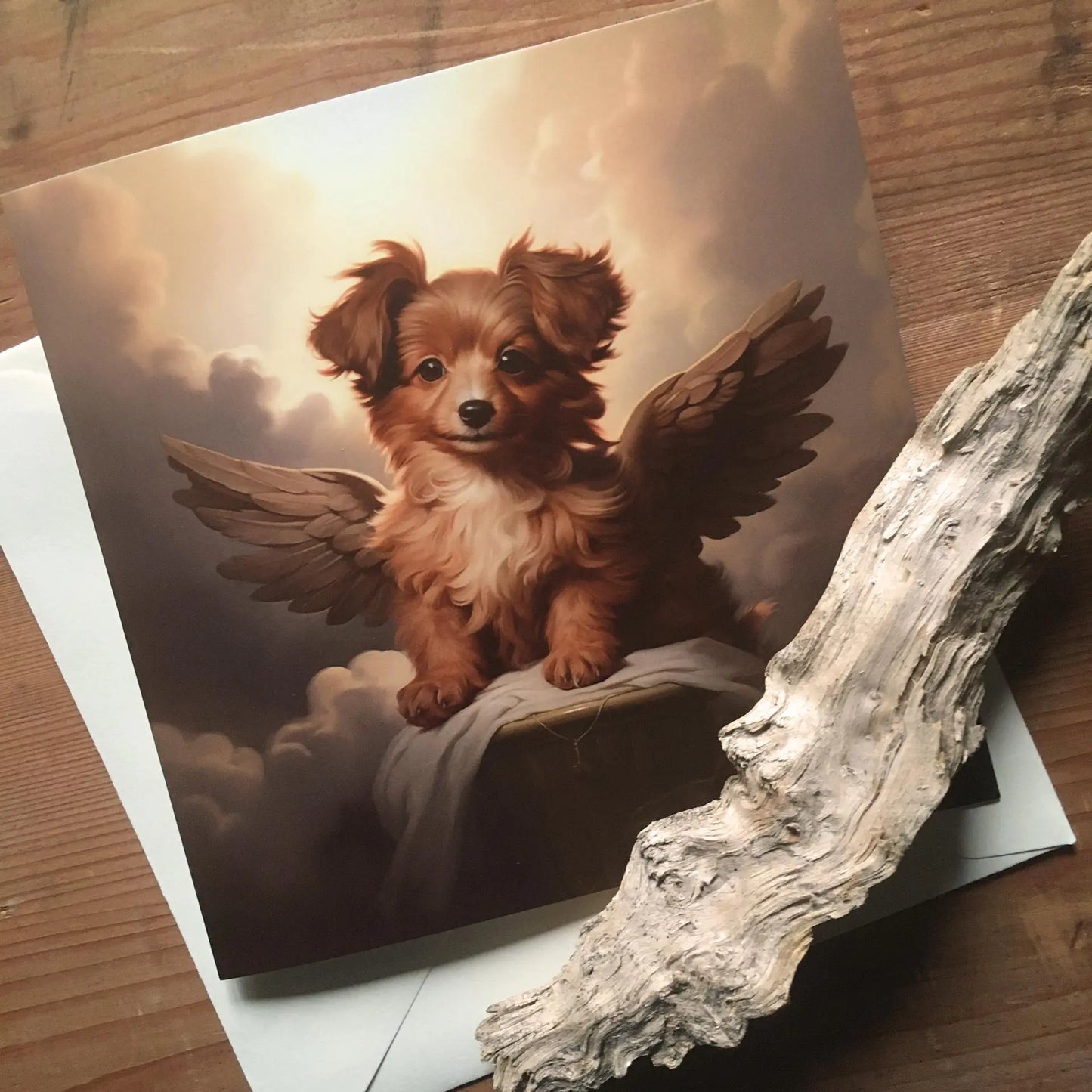 One of Flynn's 'Guardian Angel Dog' greeting card designs. Each card comes with an envelope. Detail.