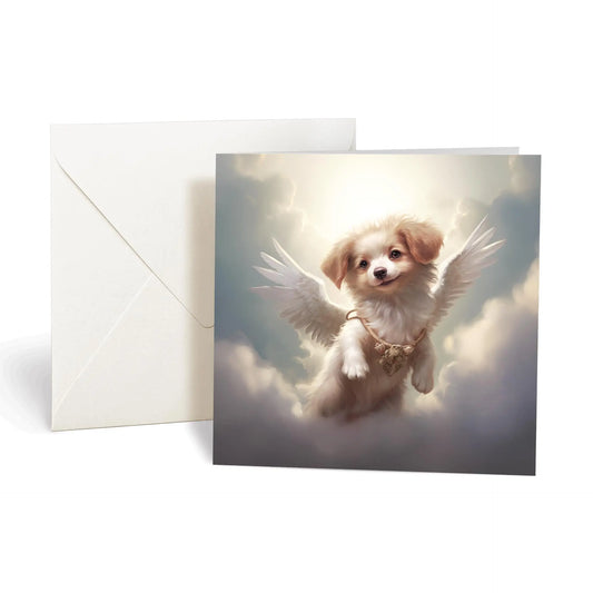 One of Flynn's 'Guardian Angel Dog' greeting card designs. Each card comes with an envelope. Detail.