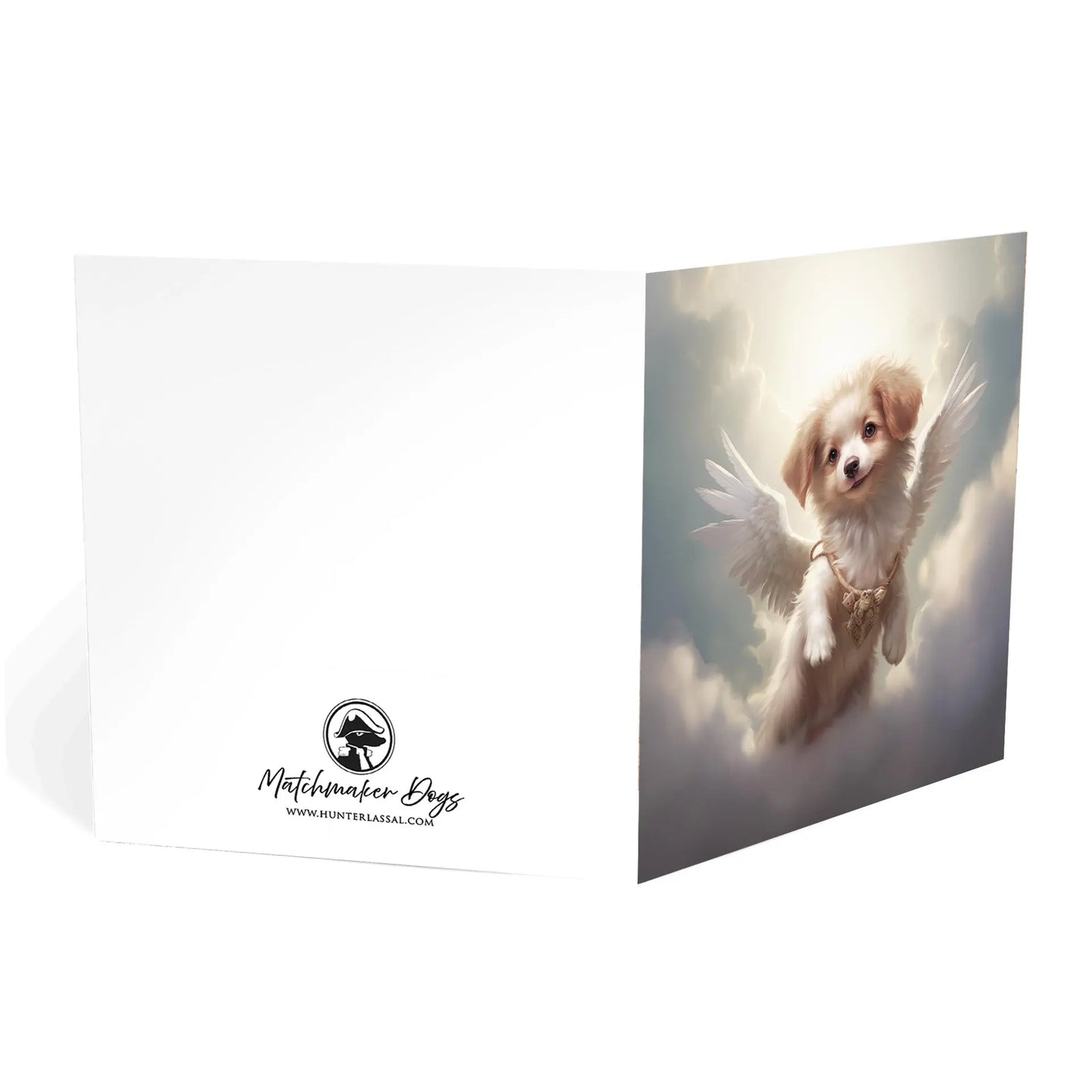 One of Flynn's 'Guardian Angel Dog' greeting card designs. Each card comes with an envelope. Detail.