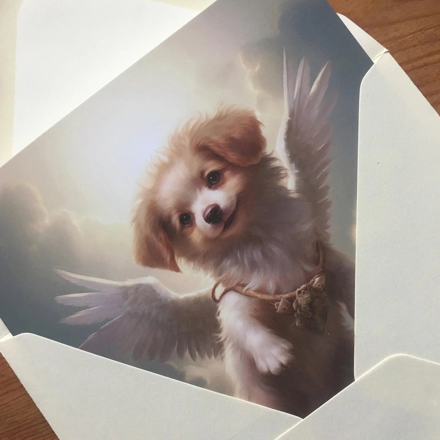 One of Flynn's 'Guardian Angel Dog' greeting card designs. Each card comes with an envelope. Detail.
