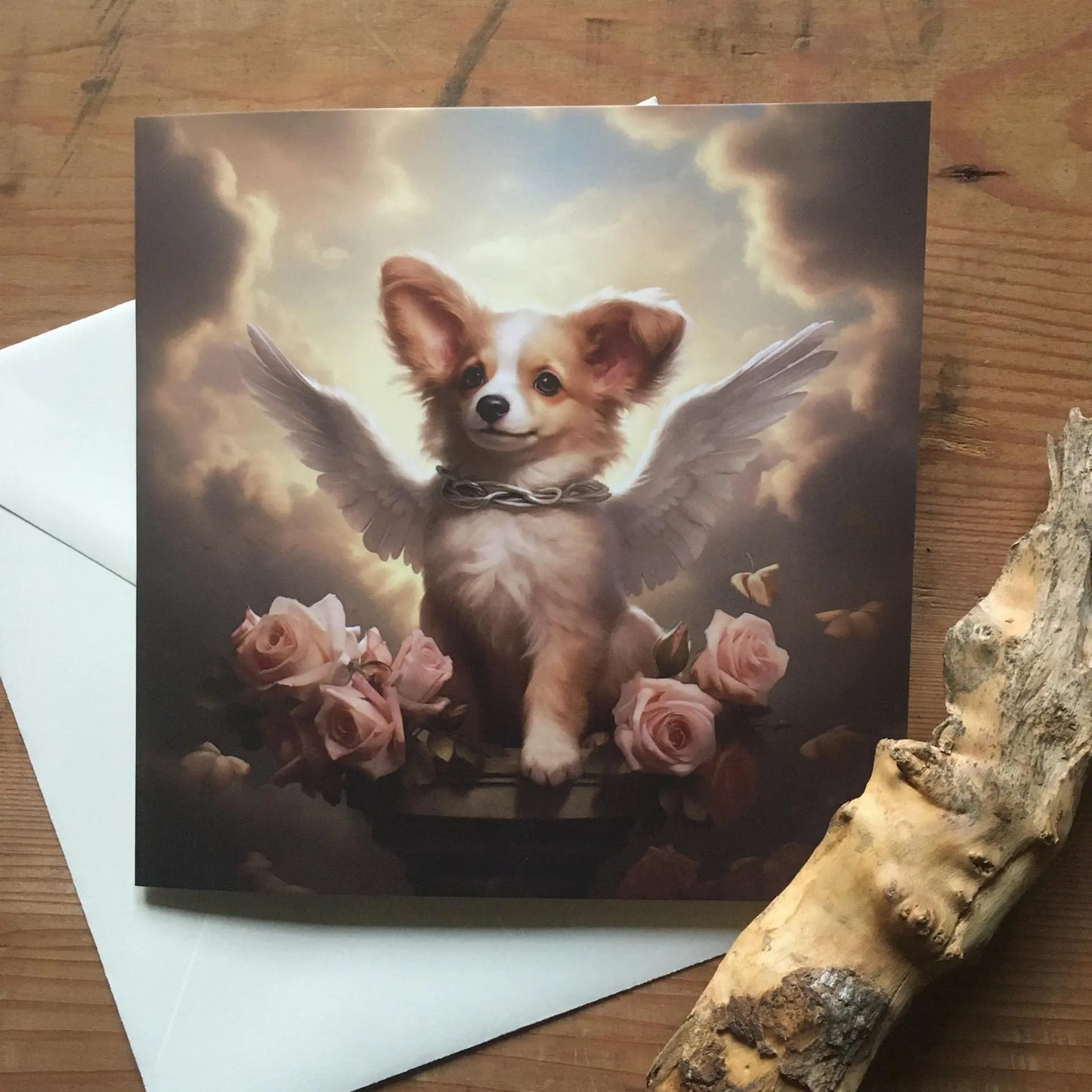 One of Flynn's 'Guardian Angel Dog' greeting card designs. Each card comes with an envelope. Detail.
