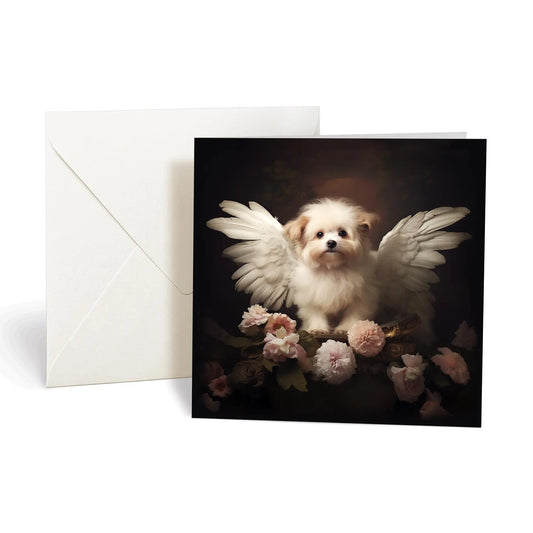 One of Flynn's 'Guardian Angel Dog' greeting card designs. Each card comes with an envelope. Detail.
