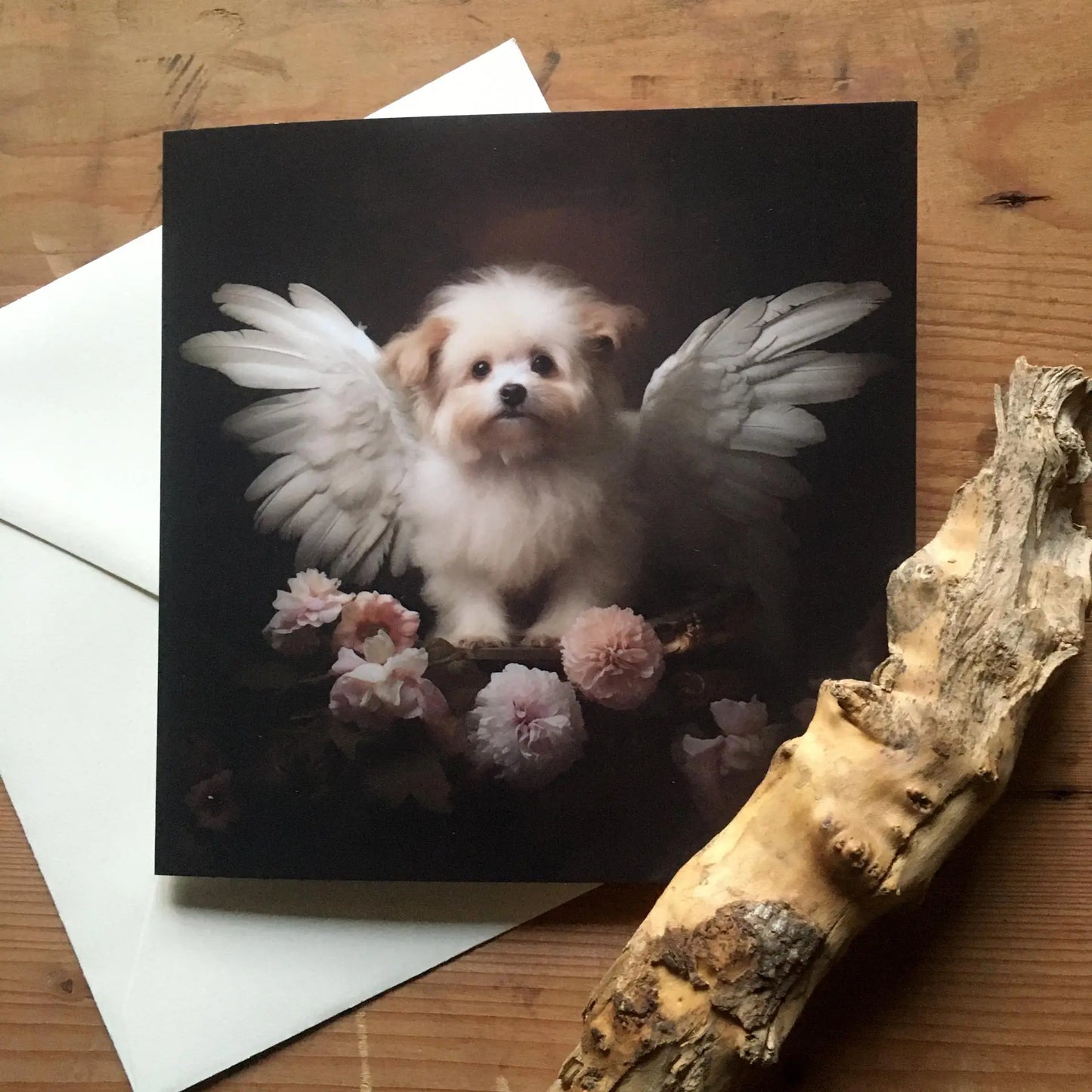 One of Flynn's 'Guardian Angel Dog' greeting card designs. Each card comes with an envelope. Detail.