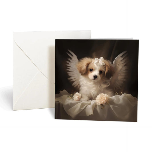 One of Flynn's 'Guardian Angel Dog' greeting card designs. Each card comes with an envelope. Detail.