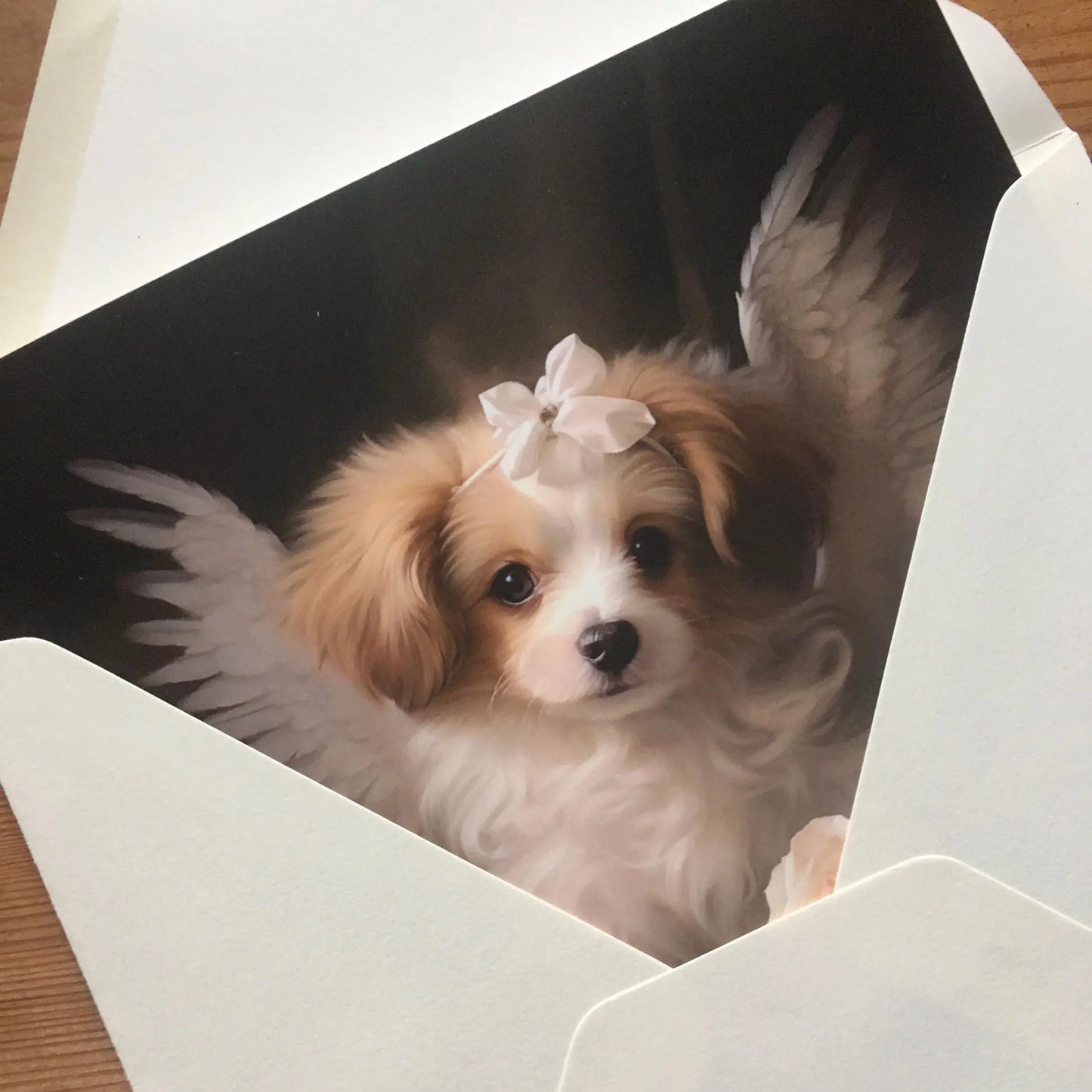 One of Flynn's 'Guardian Angel Dog' greeting card designs. Each card comes with an envelope. Detail.