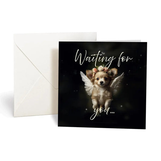 Product photo of one of Flynn's Matchmaker Dog greeting cards with envelope on a white background