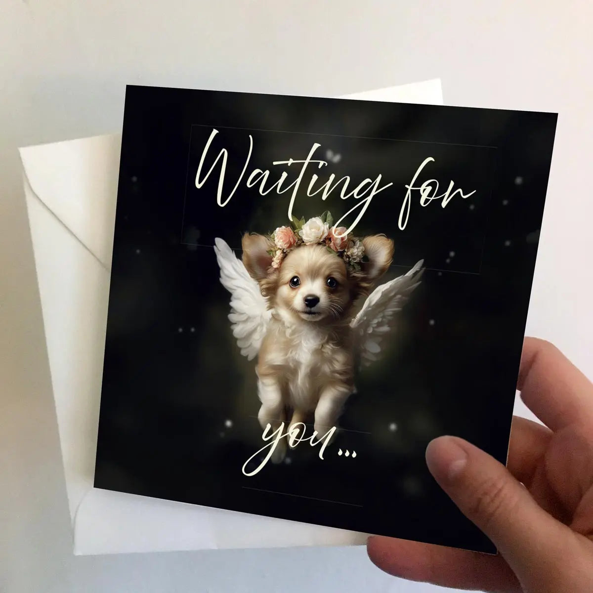 One of Flynn's 'Guardian Angel Dog' greeting card designs. Each card comes with an envelope. Detail.
