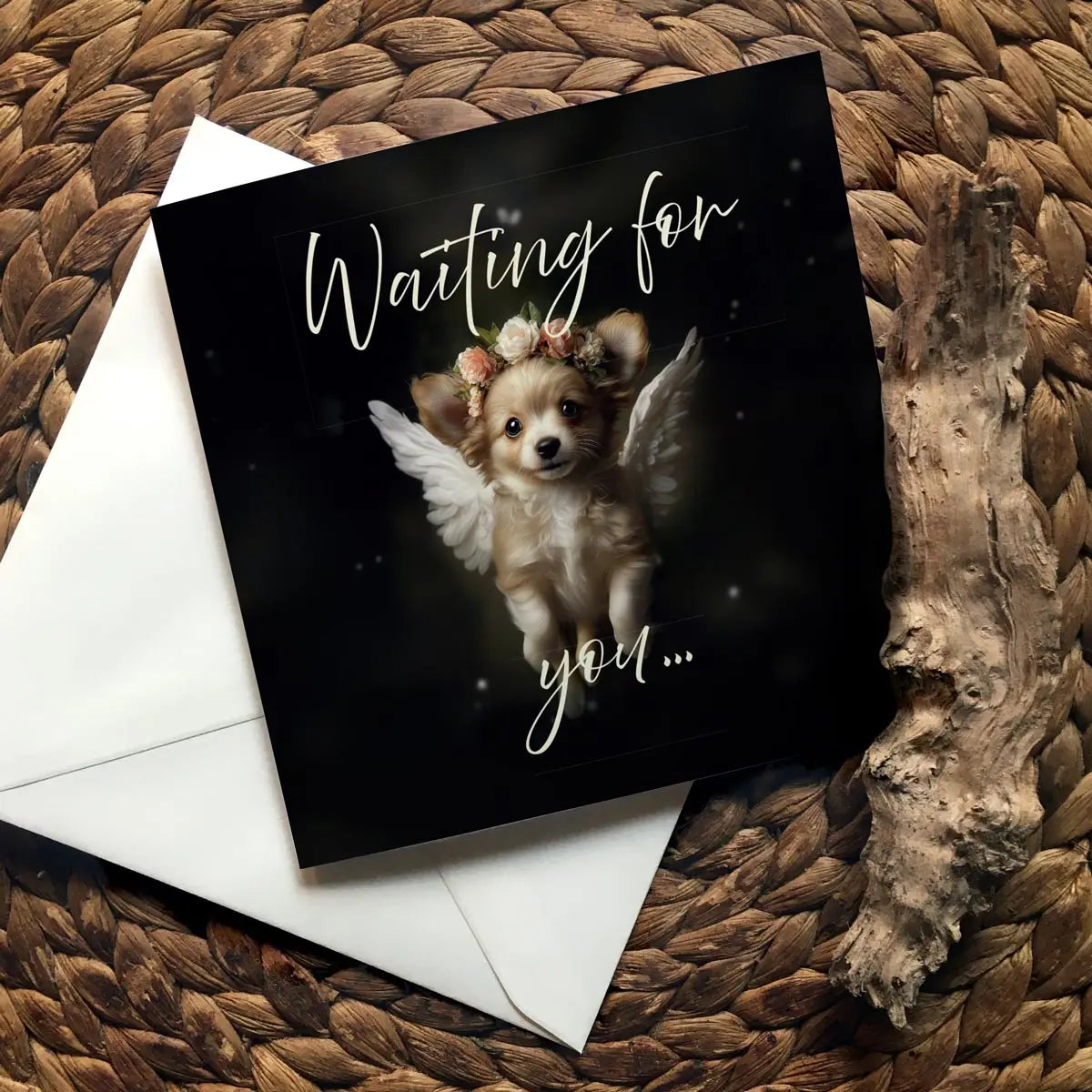 Product photo of one of Flynn's Matchmaker Dog greeting cards with envelope on a table with a piece of drift wood