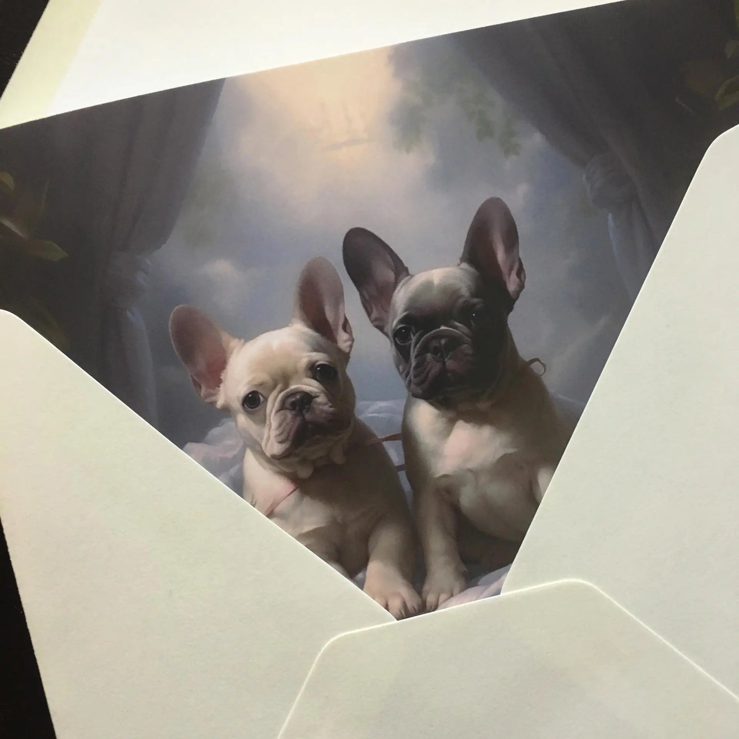 One of Flynn's 'Matchmaker Dog' greeting card designs. Each card comes with an envelope. Detail.