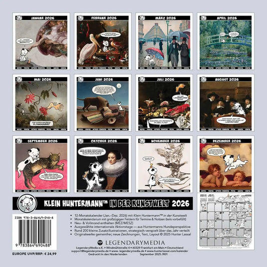 Calendar back cover with thumbnails of monthly featured images of the "Klein Huntermann in der Kunstwelt" calendar on a light gray background.