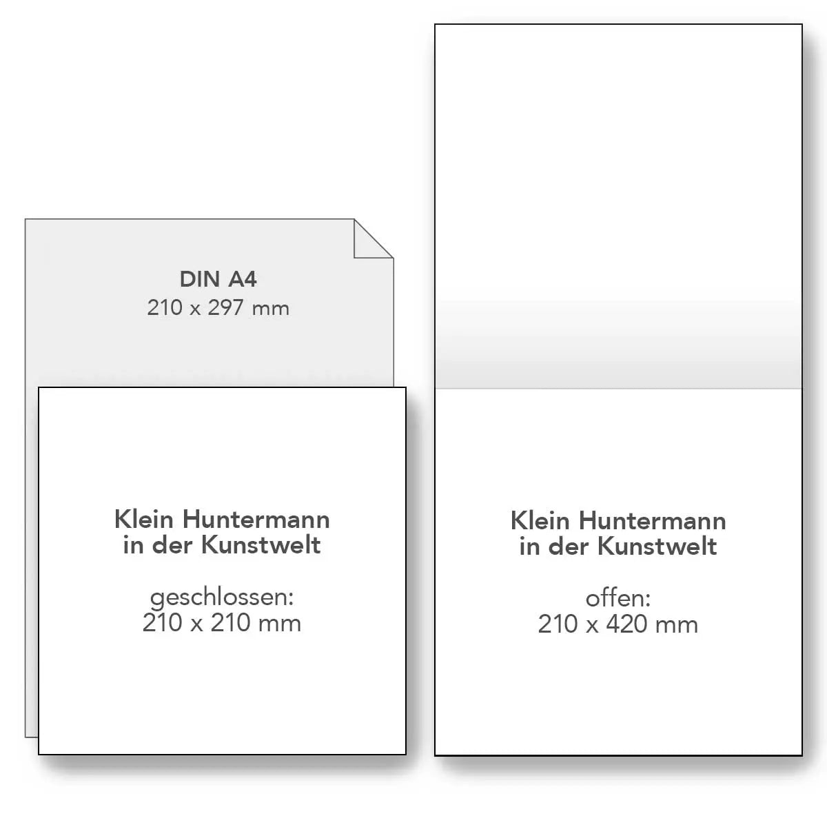 Diagram showing the dimensions of the 'Klein Huntermann in der Kunstwelt' calendar with open and closed states.