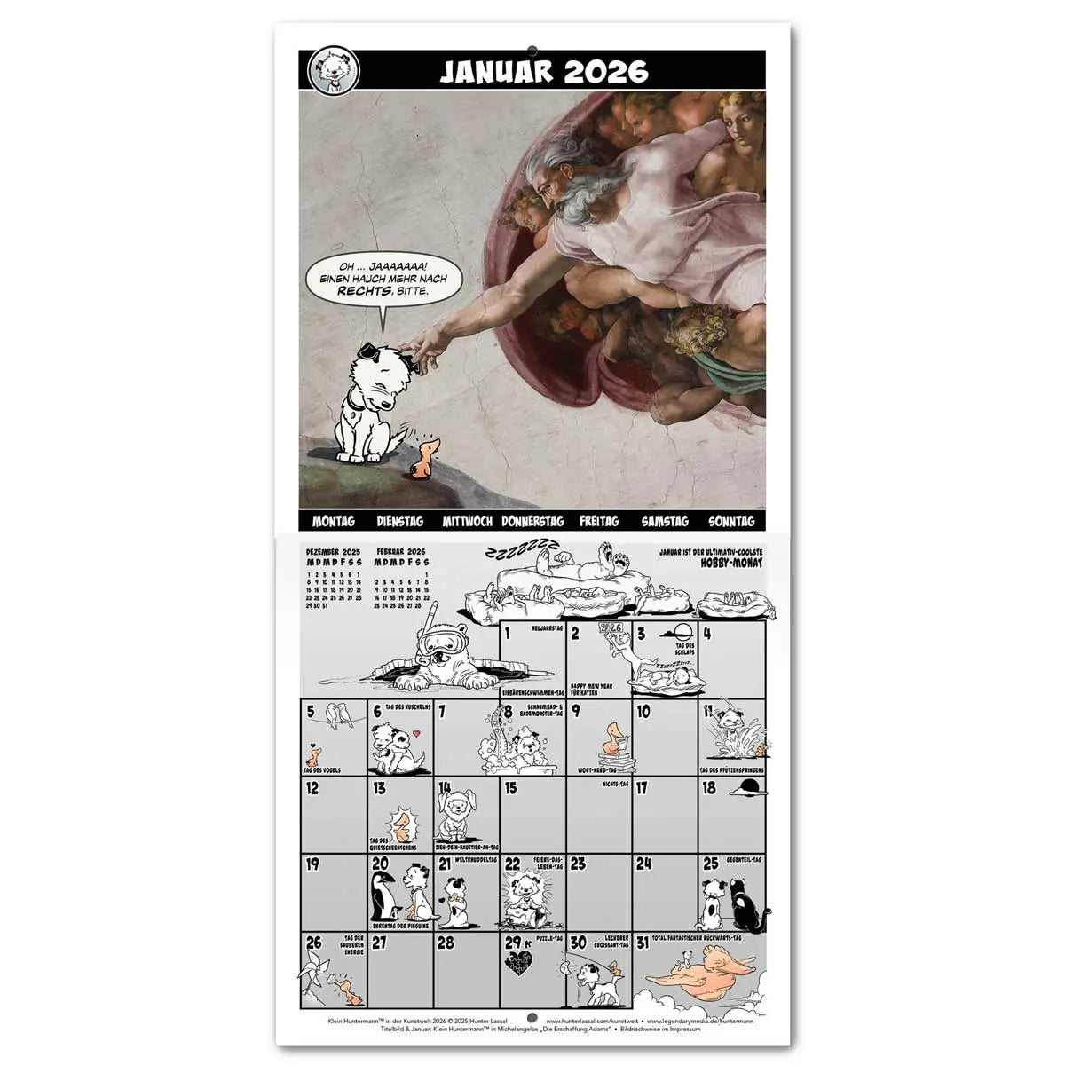 2026 Wall Calendar, January, showing Michelangelo's 'The Creation of Adam' adaptation with Little Hunterman and Flynn. The calendar grid on the bottom half is filled with small illustrations featuring Little Hunterman and Flynn. German text.