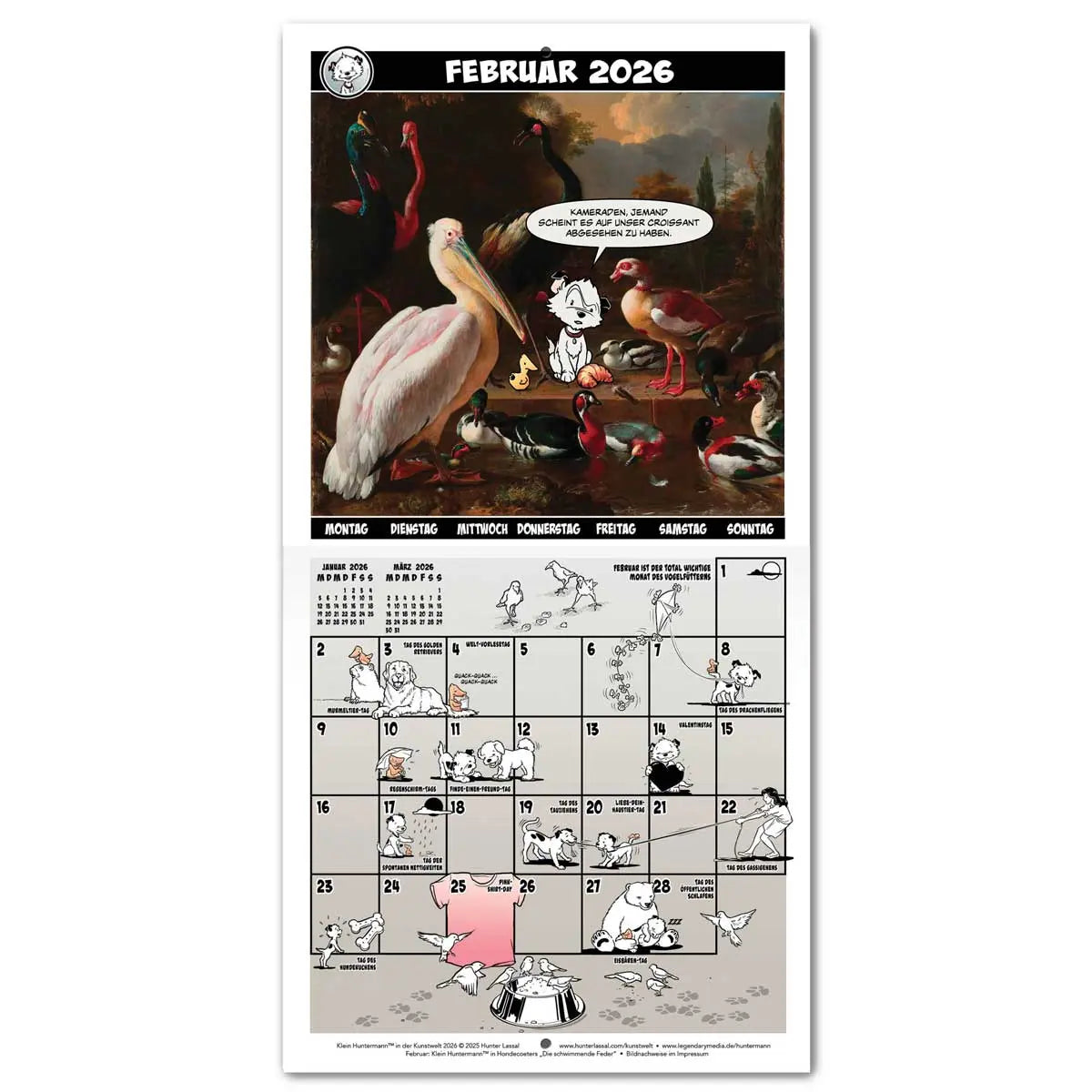Calendar spread for February 2026 with a hero image based on Melchior d’Hondecoeter's A Pelican and other Birds near a Pool. The calendar grid on the bottom half is filled with small illustrations featuring Little Hunterman and Flynn. German text.