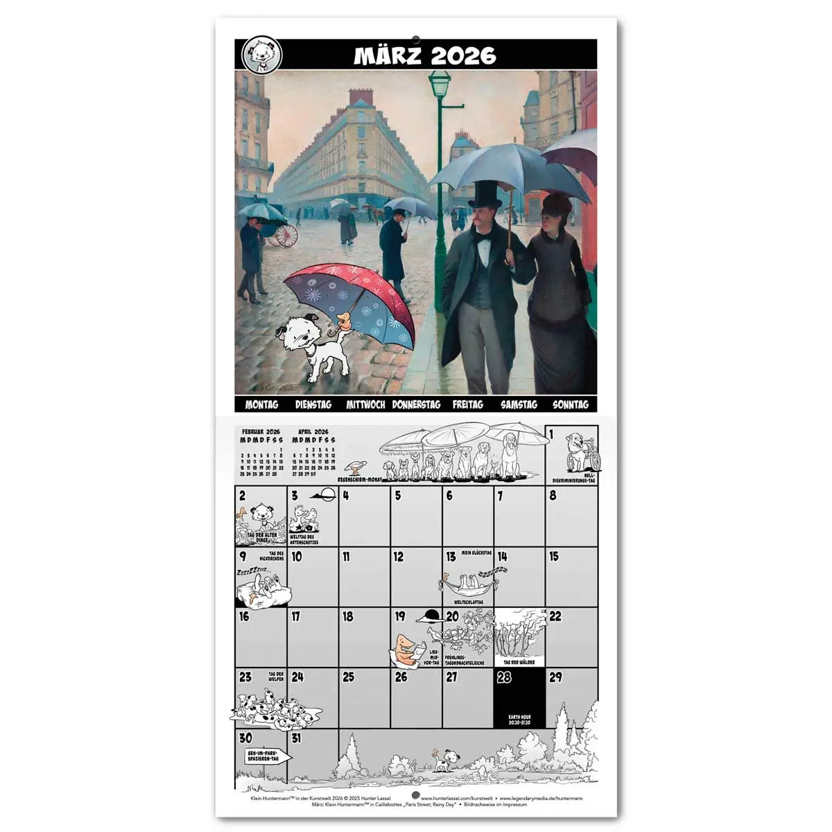 Calendar spread for March 2026 with a hero image based on Gustave Caillebotte's Paris Street; Rainy Day. The calendar grid on the bottom half is filled with small illustrations featuring Little Hunterman and Flynn. German text.