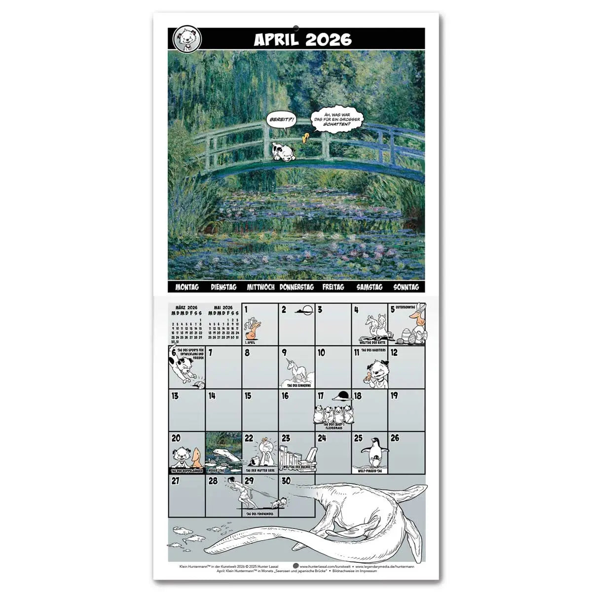 Calendar spread for April 2026 with a hero image based on Claude Monet's Water Lilies and Japanese Bridge. The calendar grid on the bottom half is filled with small illustrations featuring Little Hunterman and Flynn. German text.