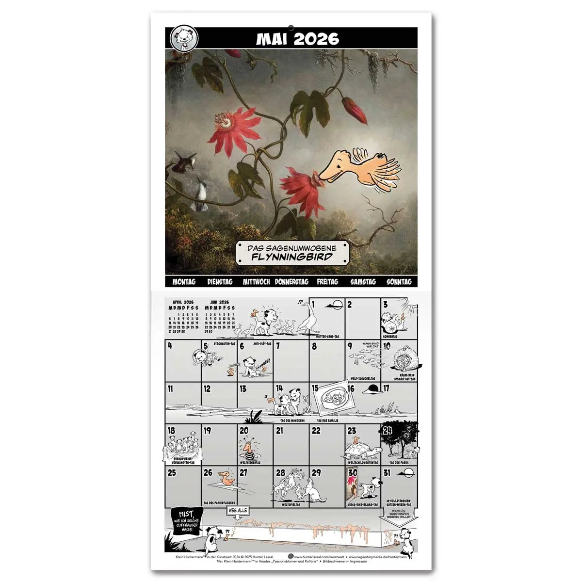 Calendar spread for May 2026 with a hero image based on Martin Johnson Heade's Passion Flowers and Hummingbirds. The calendar grid on the bottom half is filled with small illustrations featuring Little Hunterman and Flynn. German text.