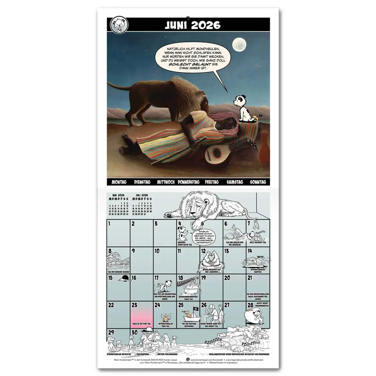 Calendar spread for June 2026 with a hero image based on Henri Rousseau's The Sleeping Gypsy. The calendar grid on the bottom half is filled with small illustrations featuring Little Hunterman and Flynn. German text.