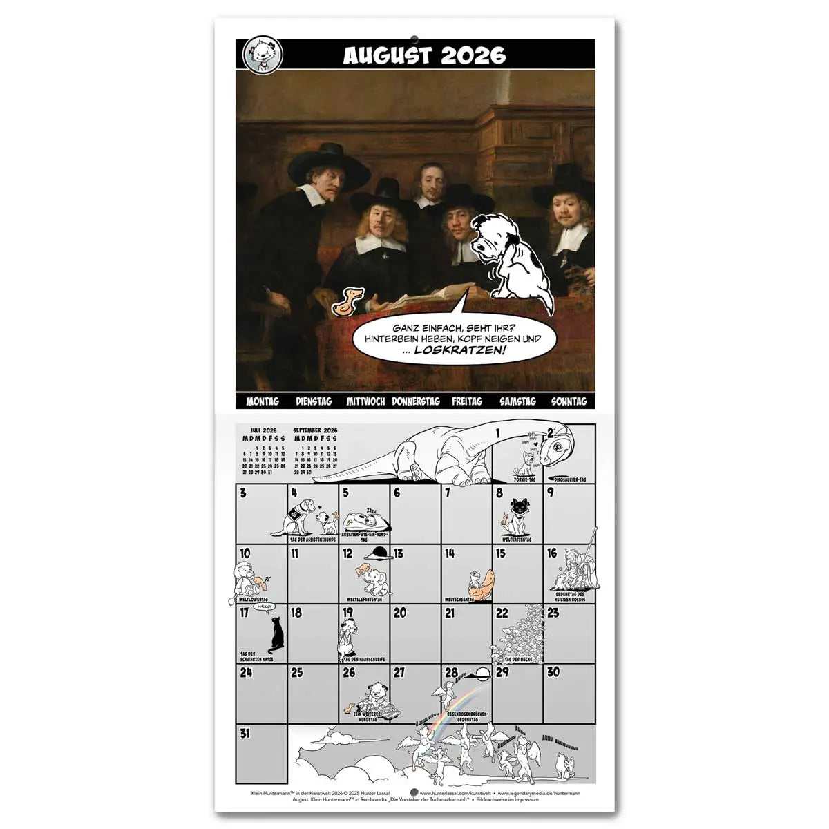 Calendar spread for August 2026 with a hero image based on Rembrandt's The Sampling Officials. The calendar grid on the bottom half is filled with small illustrations featuring Little Hunterman and Flynn. German text.
