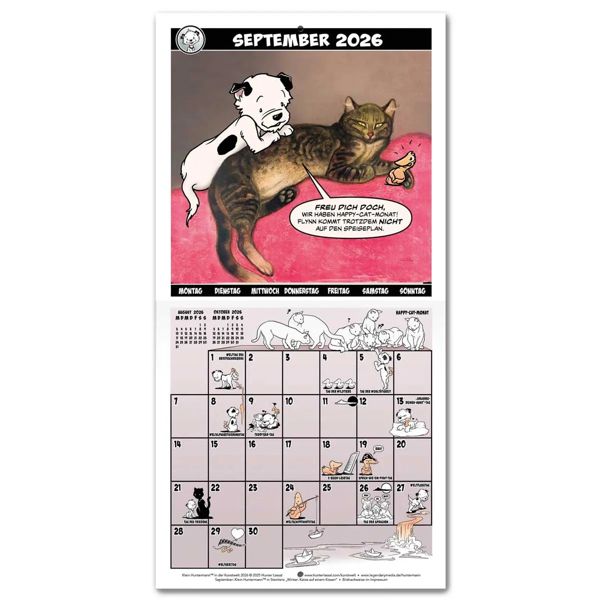 Calendar spread for September 2026 with a hero image based on Théophile-Alexandre Steinlen's Winter: Cat on a Cushion. The calendar grid on the bottom half is filled with small illustrations featuring Little Hunterman and Flynn. German text.