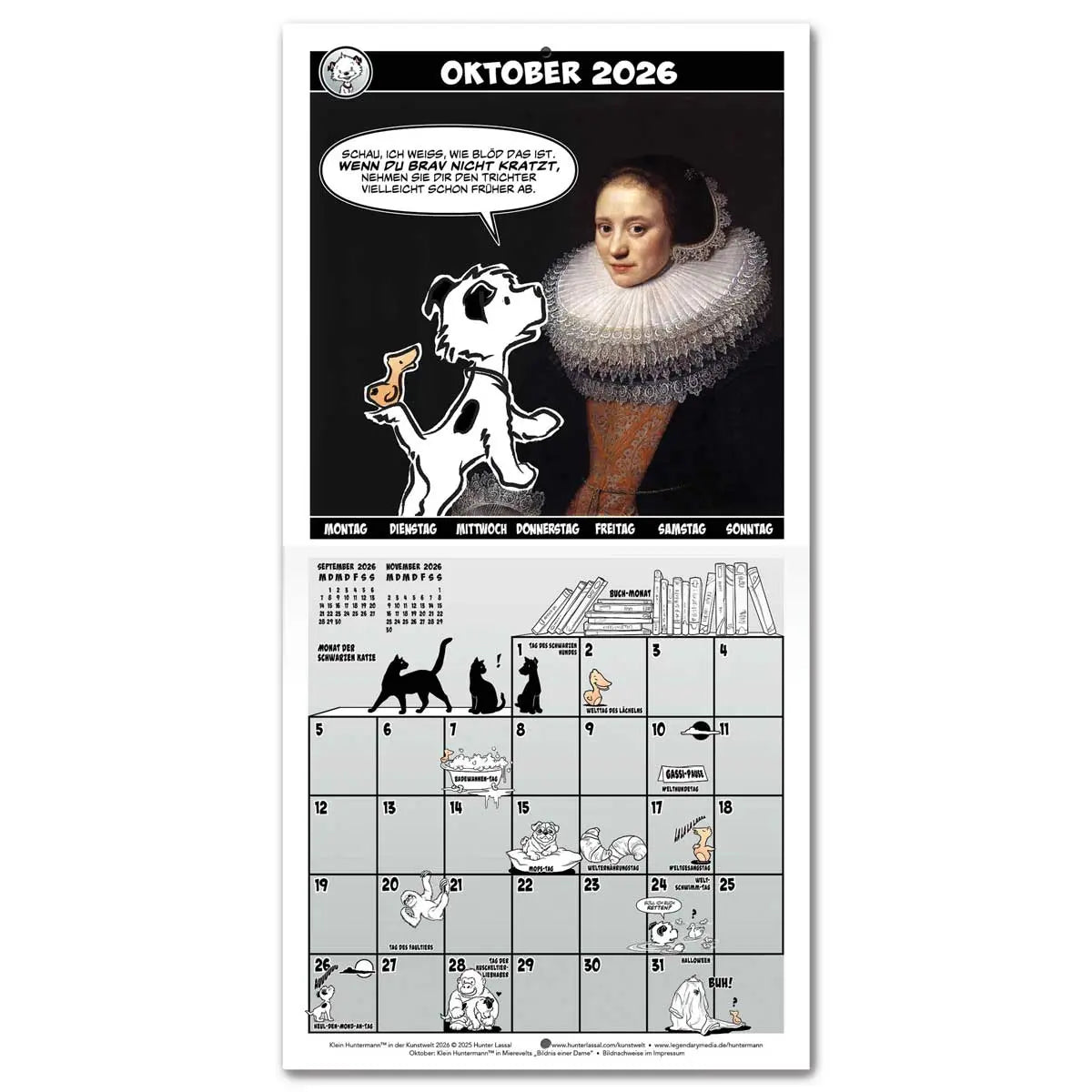 Calendar spread for October 2026 with a hero image based on van Mierevelt's Portrait of a Lady. The calendar grid on the bottom half is filled with small illustrations featuring Little Hunterman and Flynn. German text.