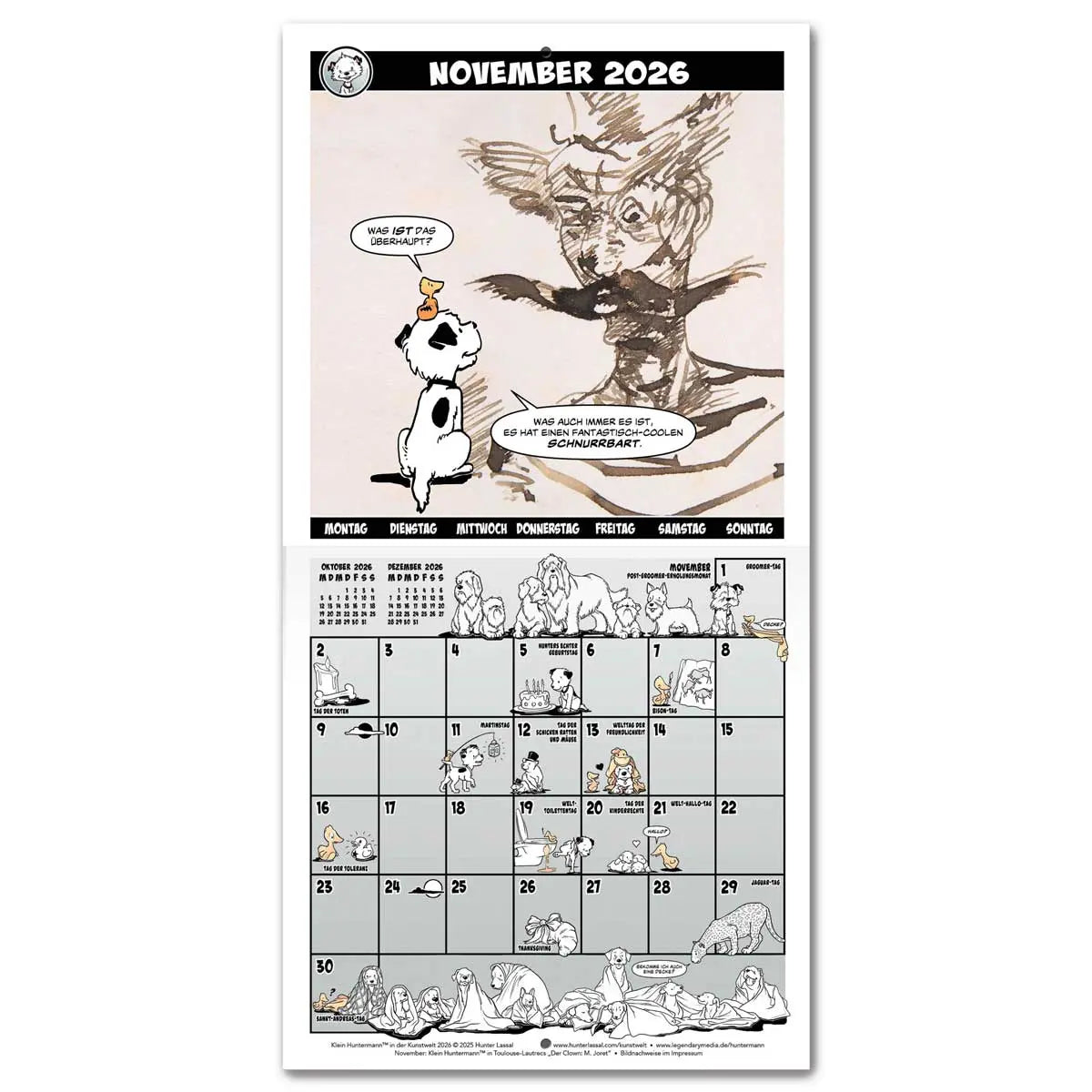Calendar spread for November 2026 with a hero image based on Henri de Toulouse-Lautrec's The Clown: M. Joret. The calendar grid on the bottom half is filled with small illustrations featuring Little Hunterman and Flynn. German text.