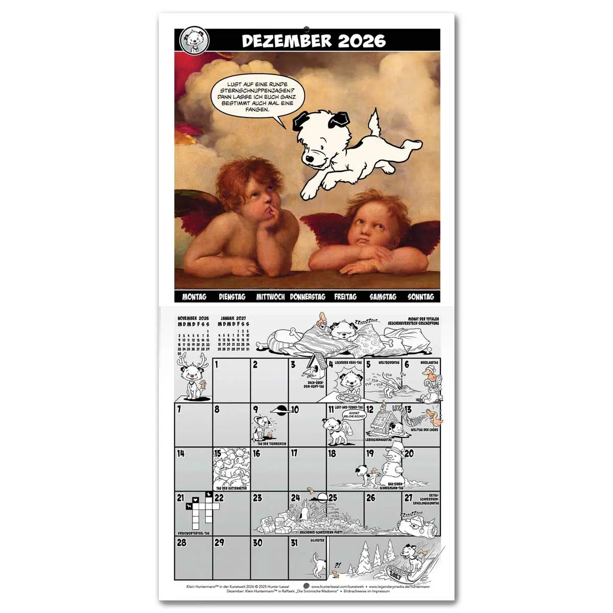 Calendar spread for November 2026 with a hero image based on Raphael's The Sistine Madonna. The calendar grid on the bottom half is filled with small illustrations featuring Little Hunterman and Flynn. German text.