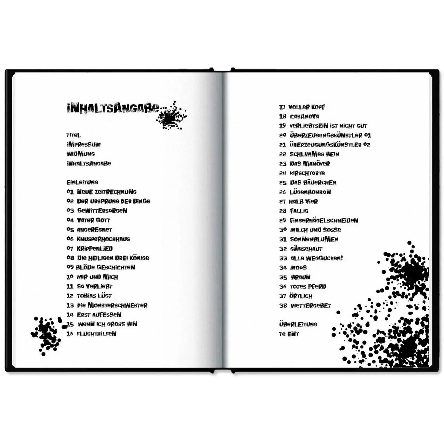 This image shows the hardcover of "Klein Tobi erobert die Welt: lauter wahre (Monster-)Geschichten" by Hunter Lassal on a white surface. The book is open on the content page.