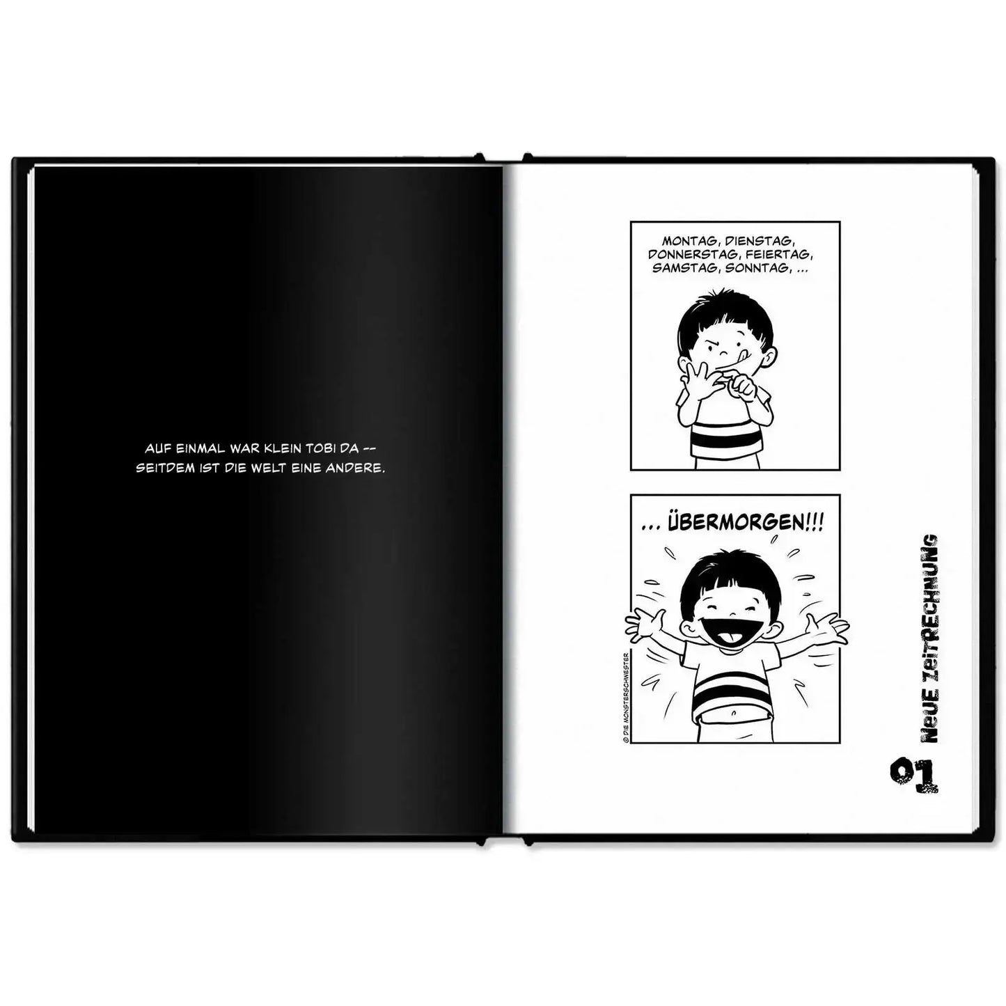 This image shows the hardcover of "Klein Tobi erobert die Welt: lauter wahre (Monster-)Geschichten" by Hunter Lassal on a white surface. The book is open on the first spread of the story.