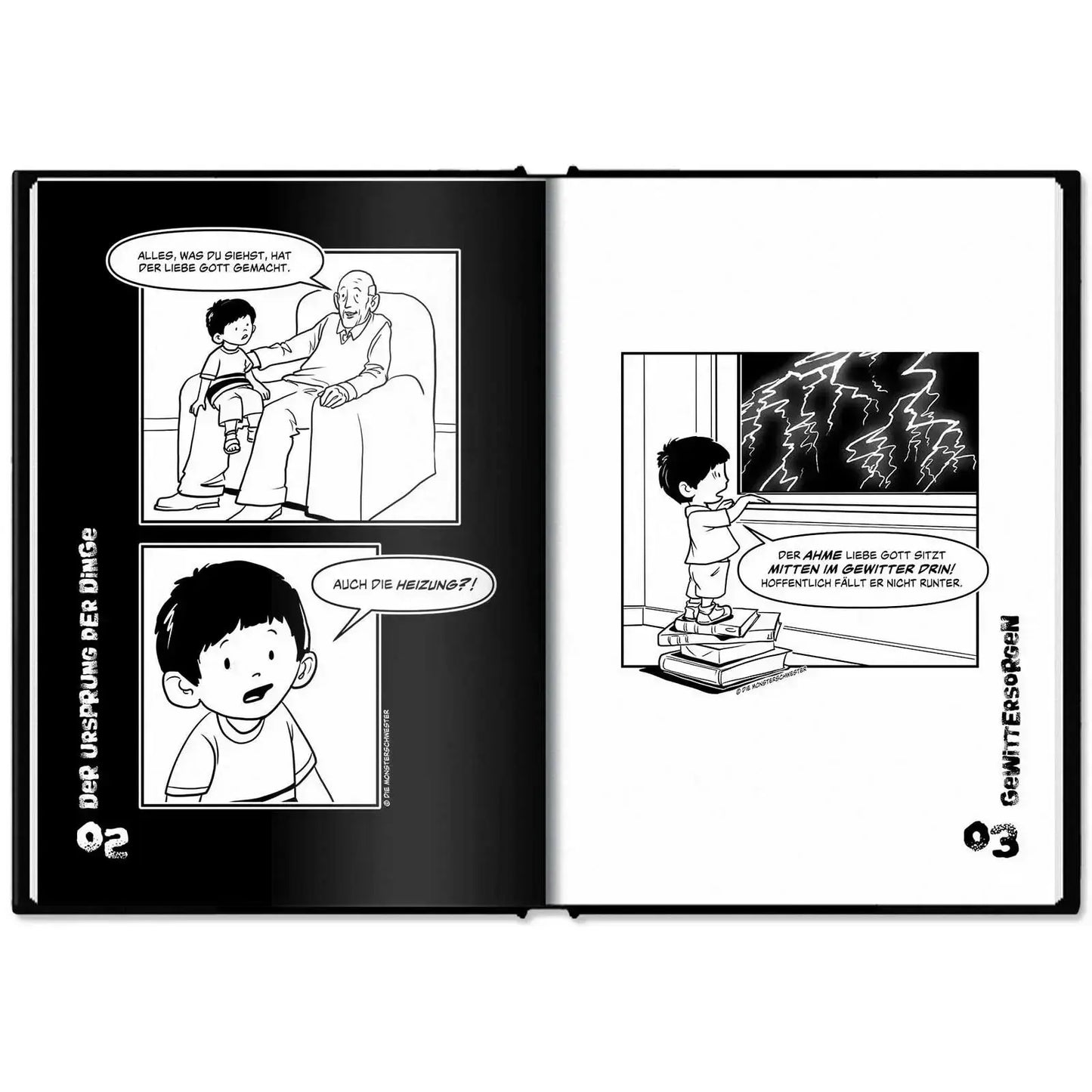 This image shows the hardcover of "Klein Tobi erobert die Welt: lauter wahre (Monster-)Geschichten" by Hunter Lassal on a white surface. The book is open on the illustrated anecdotes number two and three.