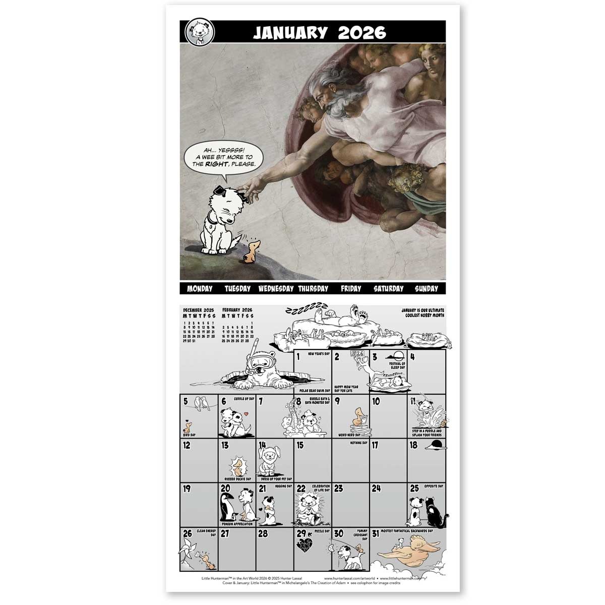 Calendar for January 2026 featuring Little Hunterman and Flynn in Michelangelo's The Creation of Adam, with additional illustrations on the calendar grid.