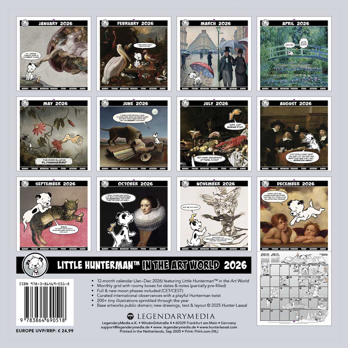 2026 Wall Calendar back cover showing monthly artwork with a brief description on a gray background.