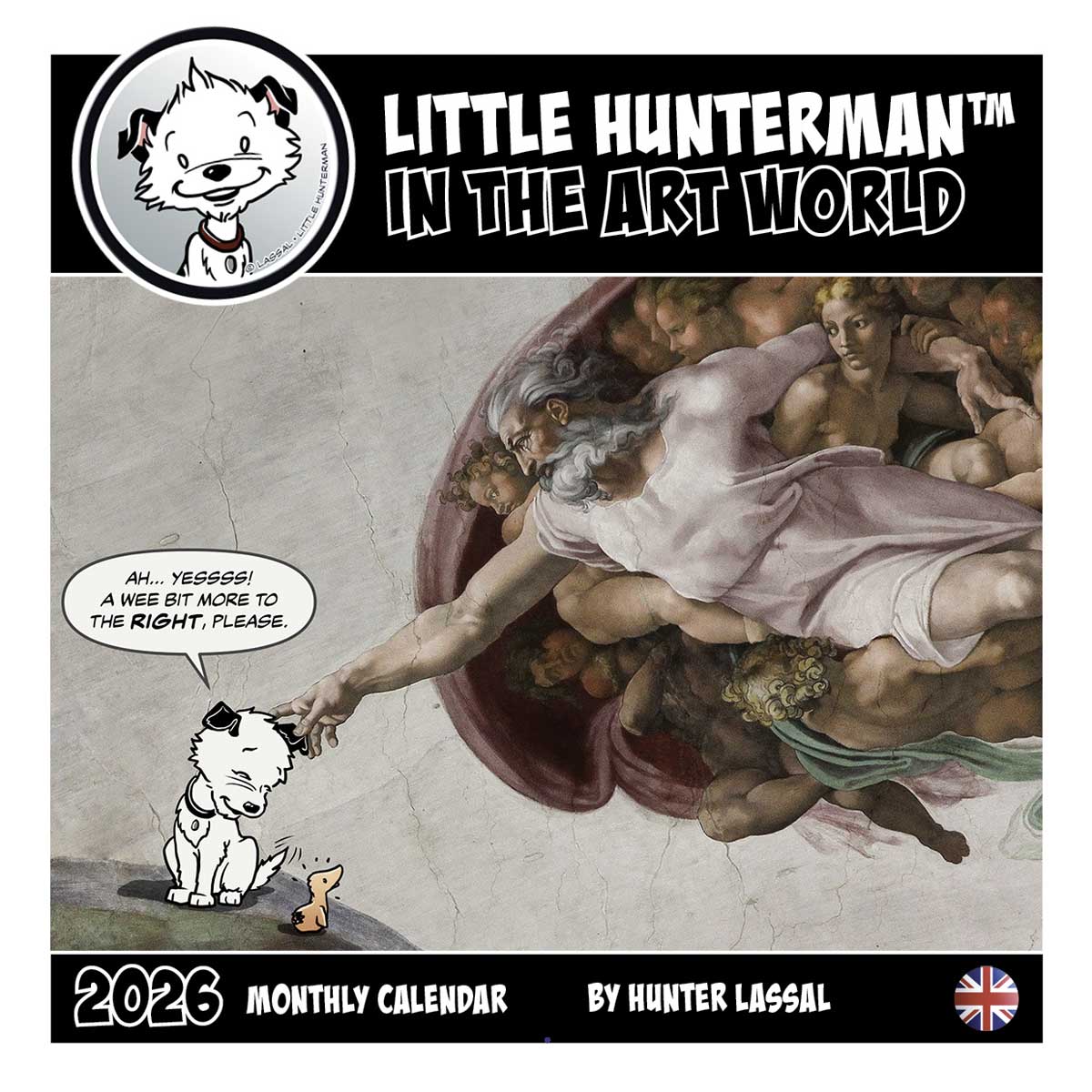 2026 Wall Calendar front cover showing Michelangelo's The Creation of Adam adaptation with Little Hunterman and Flynn