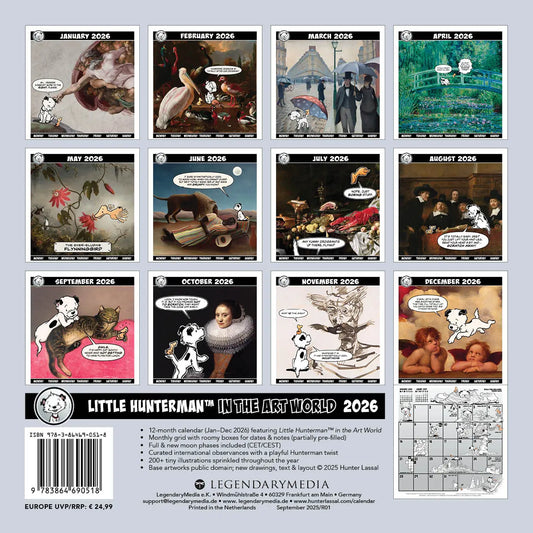 Calendar back cover with thumbnails of monthly featured images of Little Hunterman in the Art World on a light gray background.